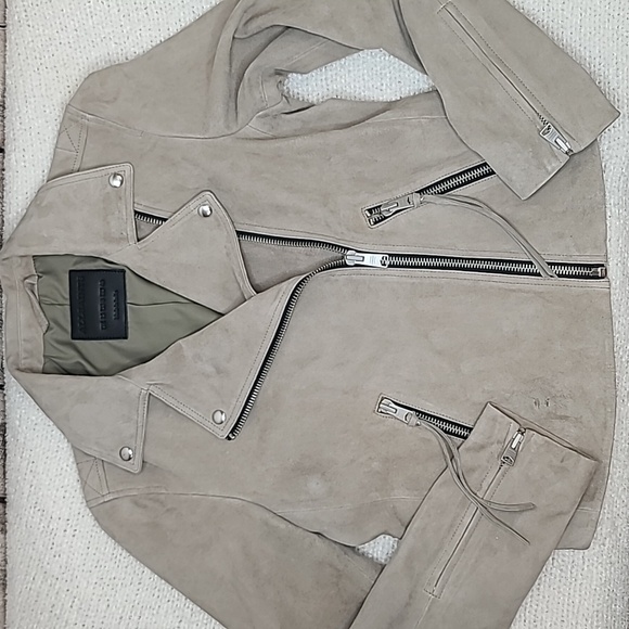 All Saints Dalby Slim Fit Cropped Suede Leather Biker Jacket in Taupe - Picture 8 of 17
